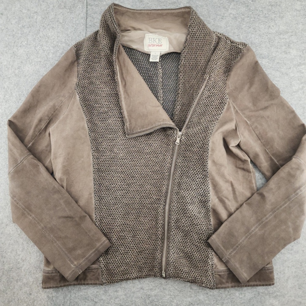 BKE Outerwear Large‎ | Womens Brown Knit Cotton Asymmetrical Zip Moto Jacket